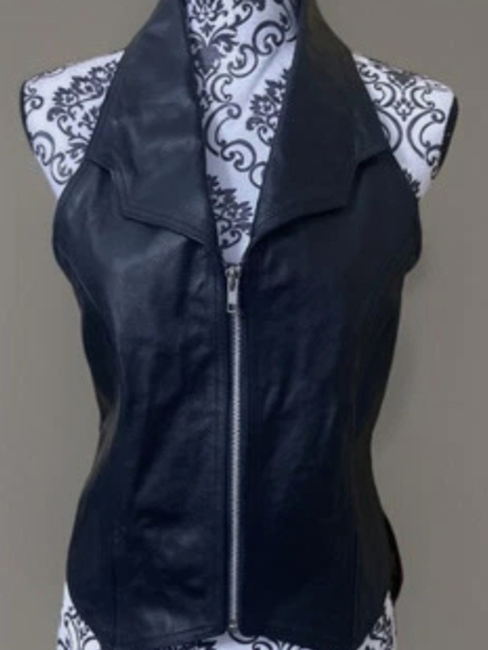 Women's Black Leather Zip-Front Vest with Collar